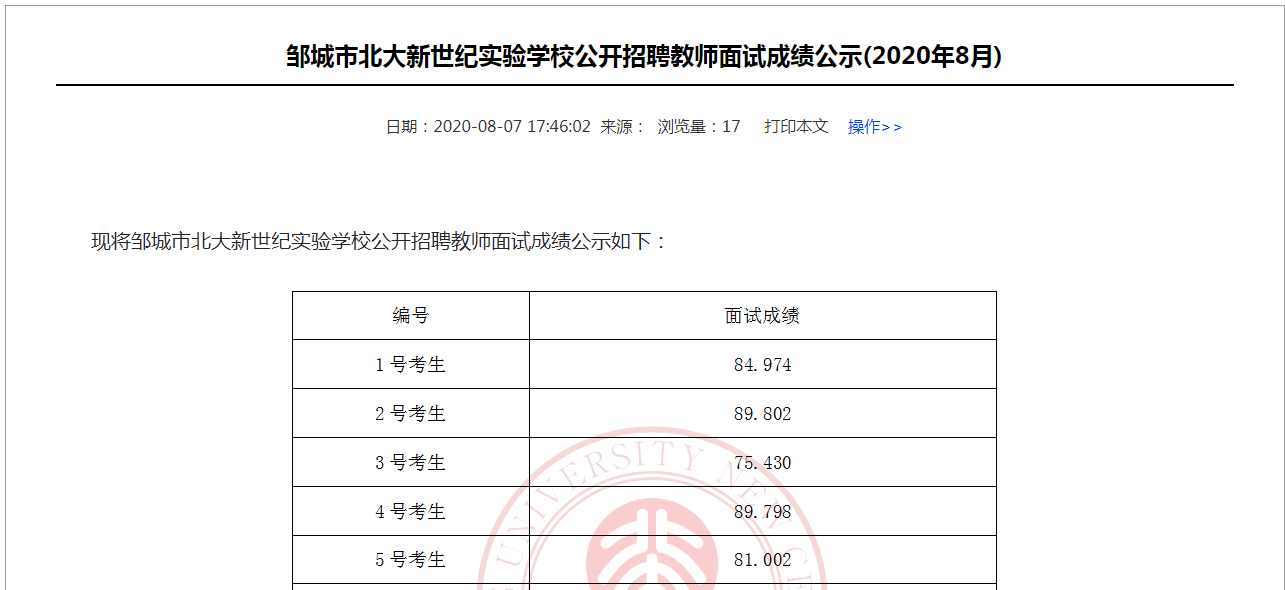 鄒城市北大新世紀實驗學校公開招聘教師面試成績公示(2020年8月)