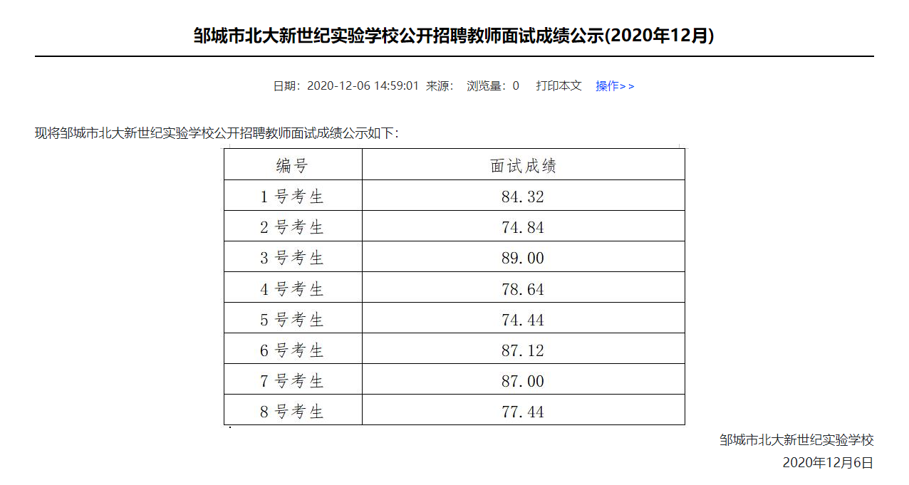 鄒城市北大新世紀(jì)實(shí)驗(yàn)學(xué)校公開招聘教師面試成績公示(2020年12月)